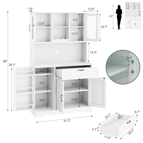Shintenchi Kitchen Pantry Storage Cabinet, Freestanding Buffet Cabinet with Microwave Stand & 4 Door Shelves, Kitchen Hutch with Doors, Adjustable Shelves and Wine Rack, White