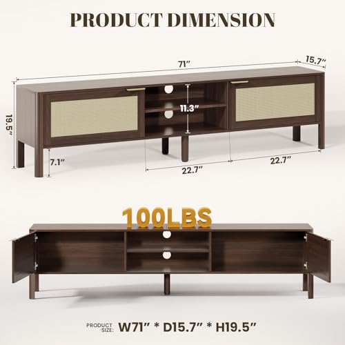 IKALIFE TV Stand for Living Room - Fits up to 80 Inch TVs, Rattan Media Console Table with Adjustable Shelves & 2 Storage Cabinets, Mid-Century Modern Entertainment Center, Walnut 71"