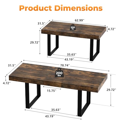 Zevemomo 63"-78.7" Rectangular Extendable Dining Table, 6-8 Extendable Dining Table, Conference Table, Kitchen Table with Slide Track, Tapered U-Shaped Wood Legs for Office, Living Room-Rustic Brown
