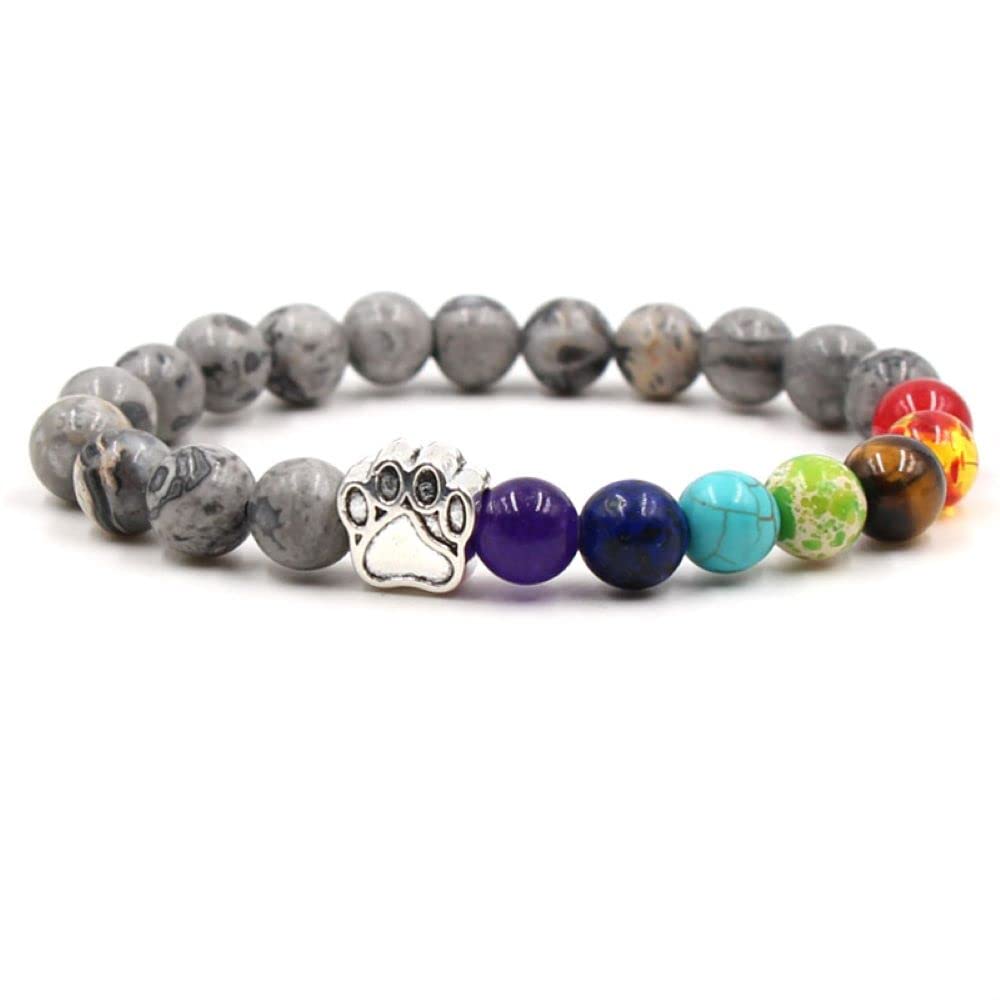 PawsFourLove 7 Chakra Natural Stone Paw Charm Bracelet Lava Rock Mala Beads Elastic Bracelet Yoga Meditation Healing, Dog Puppy Cat Animal Paw Bracelet (Grey)