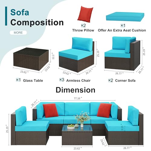 Shintenchi 6 Pieces Patio Furniture Sets Outdoor All-Weather Sectional Patio Sofa Set PE Rattan Manual Weaving Wicker Patio Conversation Set with Glass Table&Ottoman Cushion and Red Pillows, Blue
