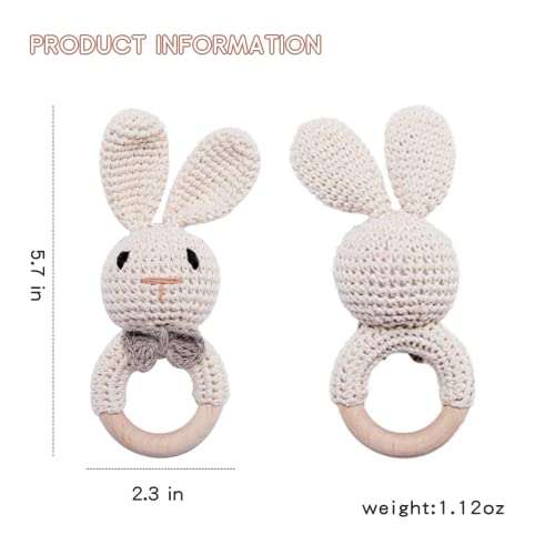 Youuys Wooden Baby Rattle Toys, Easter Bunny Rattle for Baby Crochet Bunny Rattle Toy Natural Wood, Shaker Rattle for Hand Grips, Boy Girl First Rattle Gift, Newborn Gifts (Bunny)