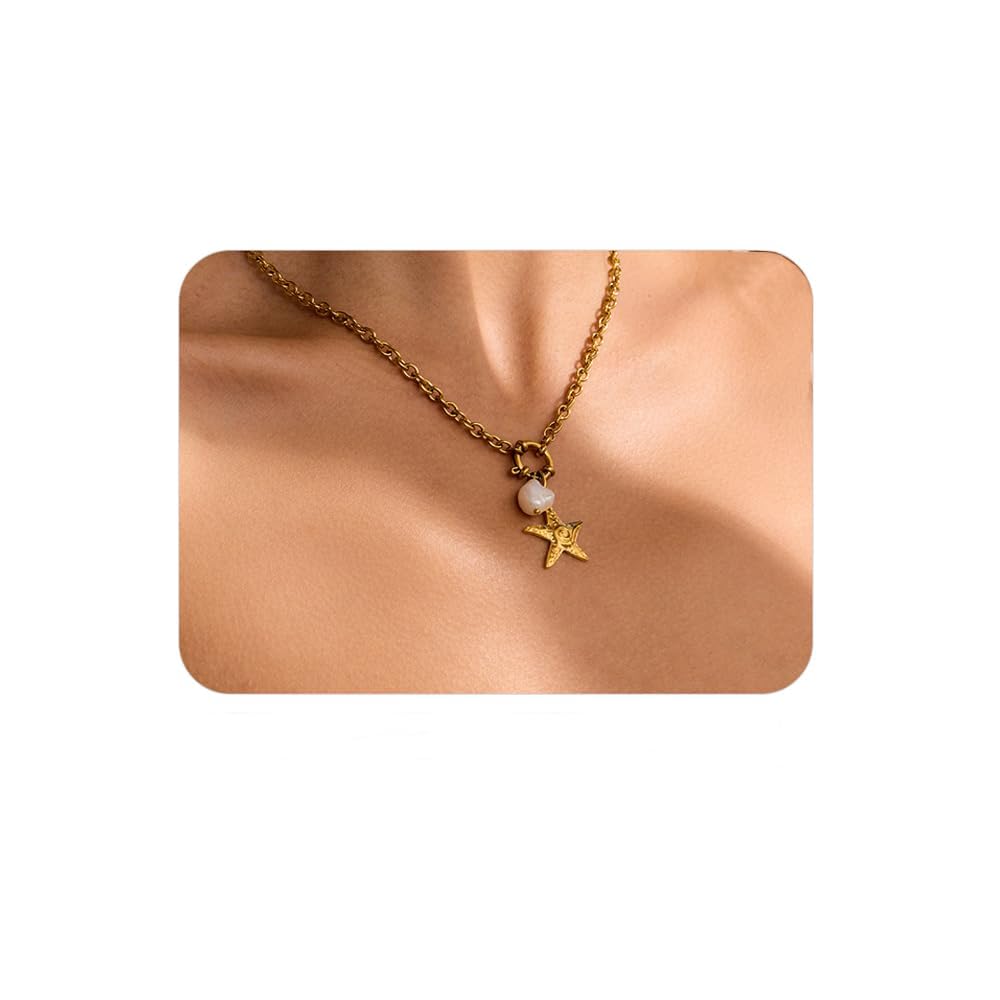 Seamido Dainty Gold Necklace for Women, 18k Gold Plated Waterproof Necklace Charm, Summer Beach Choker with Butterfly Pearl Sea Star Trendy Elegant Jewelry for Her