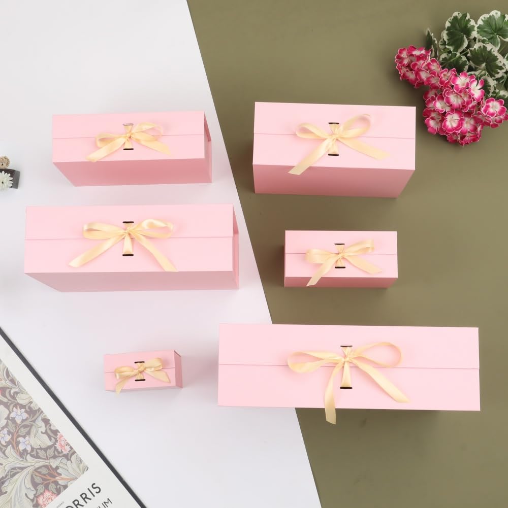 BoxSkivra Large Gift Boxes with Lids 5 Pack 13X11X5.3 Inch Large Pink Gift Box with Ribbon Foldable Gift Boxes for PresentsăGraduationăBirthdaysăValentine's dayăShredded Paper for Gift Box with Cards