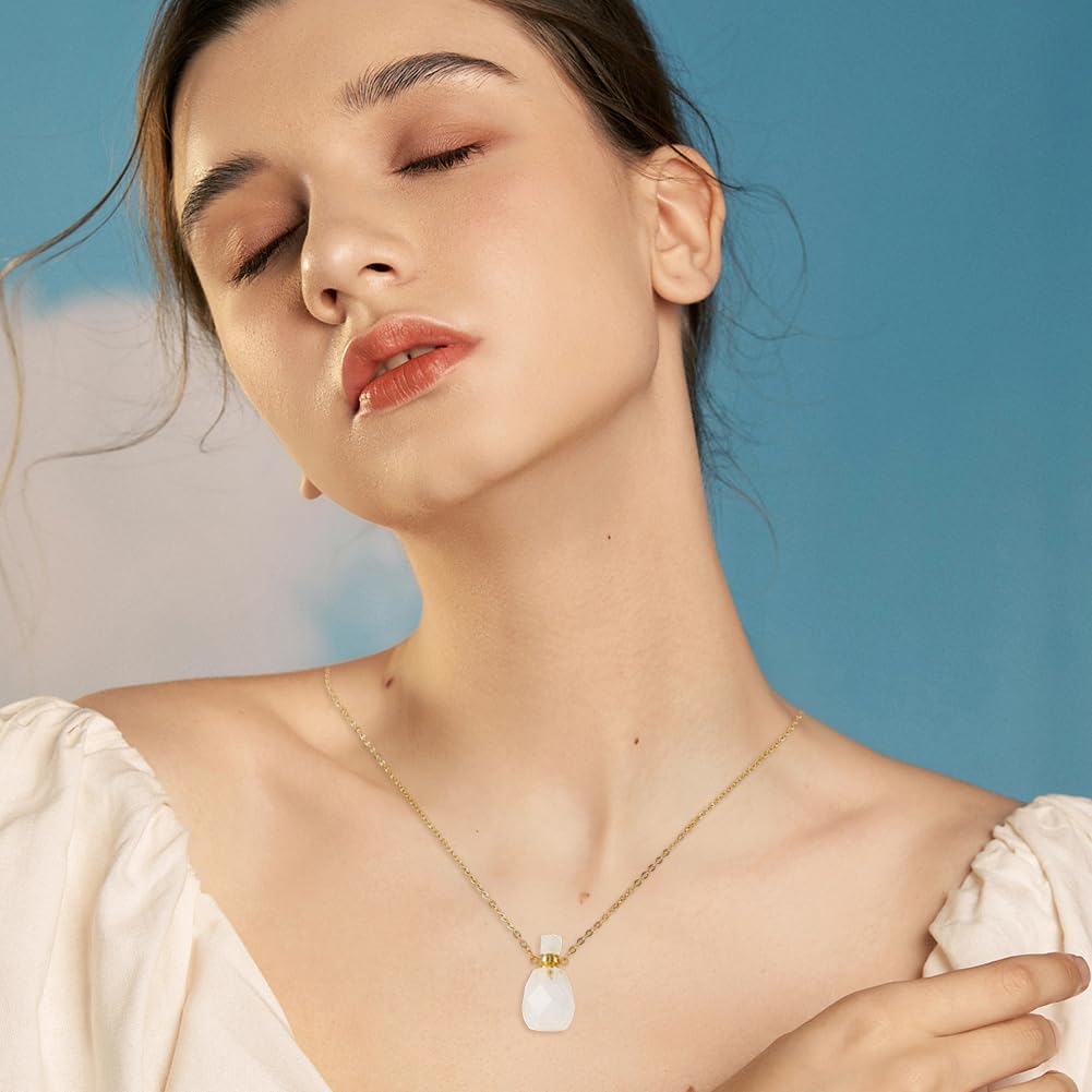 SUPERFINDINGS 2Pcs Perfume Bottle Necklace Essential Oil Diffuser Necklace White Natural Quartz Crystal Perfume Bottle Pendant with 304 Stainless Steel Chain Gemstone Vial Pendant for Woman Men