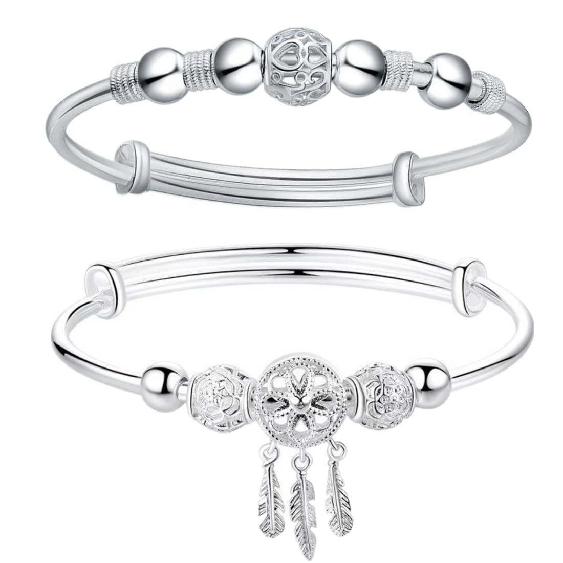 Sterling Silver Bracelets For Women 925 Sterling Silver Beads Bangle Bracelet Transfer Lucky Cuff Bracelet Adjustable Fashion Women Jewelry