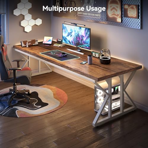 LITTLE TREE 78.7 Inch Large Executive Desk, Modern Computer Office Desk, Wooden Writing Desk Study Table for Home Office, Rustic Brown-White