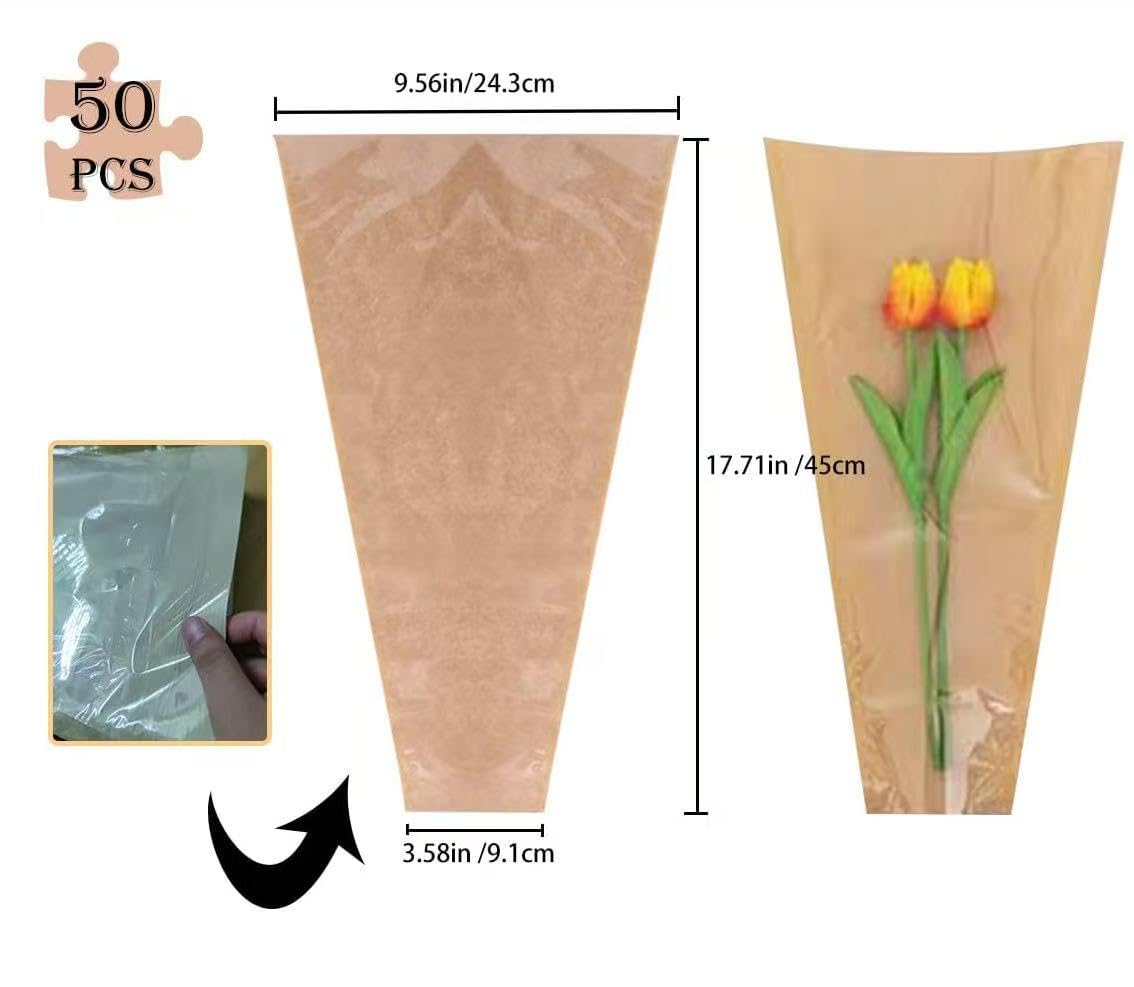 50 Pack Flower Bags for Bouquets, Brown Kraft Flower Bouquet Bags, Wrapping Sleeves for Florist Supplies, Gift Packaging for Wedding Birthday Valentine’s Day Mother‘s Day 9.8x3.9x17.9 Inches