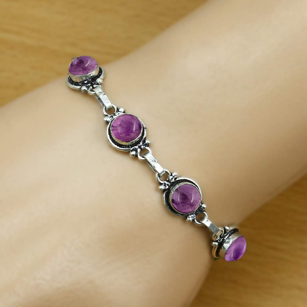 Natural Amethyst 925 Silver Plated Round Gemstone Adjustable Bracelet for Women - February Birthstone Bohemian Vintage Style Handmade Jewelry Bracelet - Gift for Her