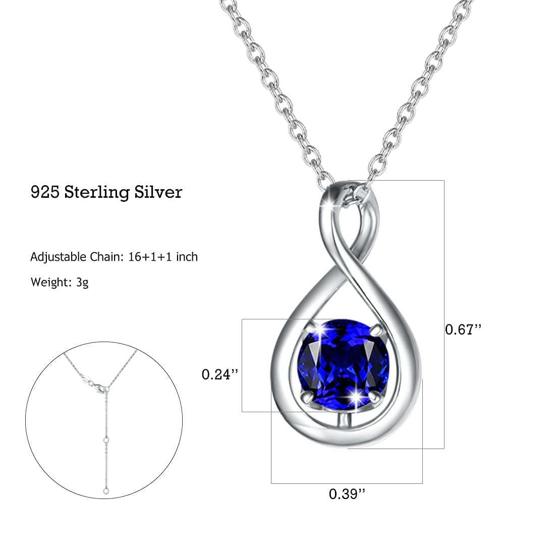 FANCIME Blue Sapphire Necklace September Birthstone for Women Sterling Silver Dainty Infinity Pendant Fine Jewelry Birthday Anniversary Graduation Mothers Day Gifts for Women Her, Chain Length 16+2"
