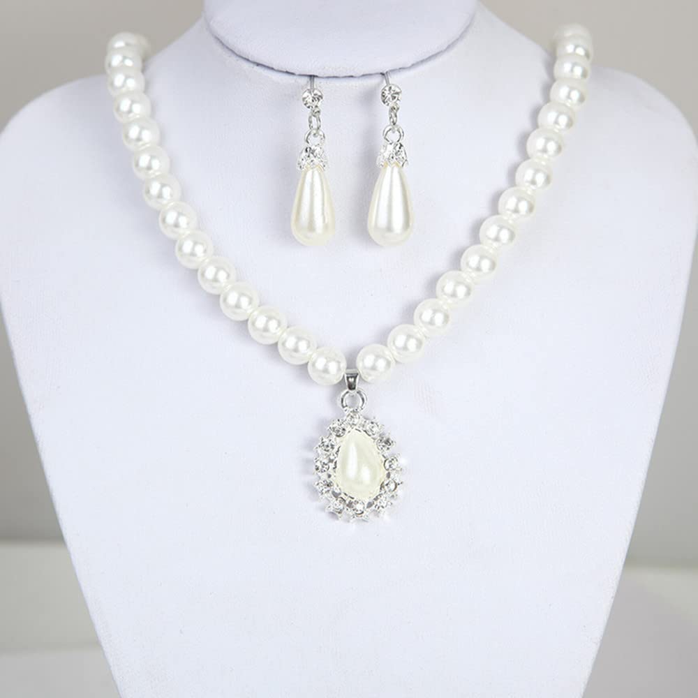 tenghong2021 Fashion Classic Faux Pearl Jewelry Set Necklace Bracelet Earrings for Women Best Gift (White water drop)