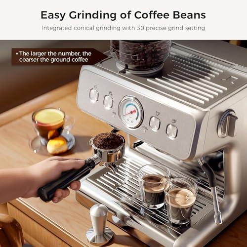 Kismile Espresso Machine with Grinder,20 Bar Expresso Coffee Machines,Espresso Maker with 30 Grind Settings, Milk Frother Steam Wand,Expresso Machines for Home, Perfect for Cappuccino, Latte