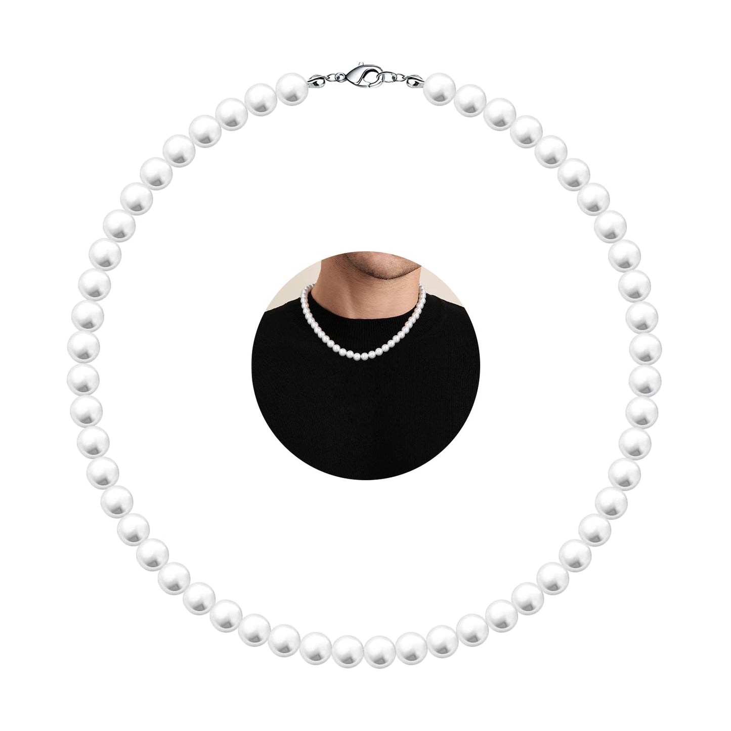 MJartoria Pearl Necklace for Men, 16''-24'' Pearl Necklaces for Women, 6/8mm White Pearl Choker Necklace Trendy Jewelry Gifts for Women Men (16 inches, 8mm)