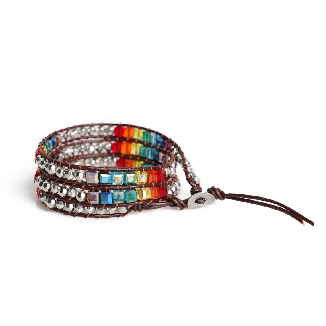 YGLINE Bohemian Style Multilayer Leather Wrap Bracelet Handmade Crystal Chakra Glass Beaded Stone Bracelet for Women