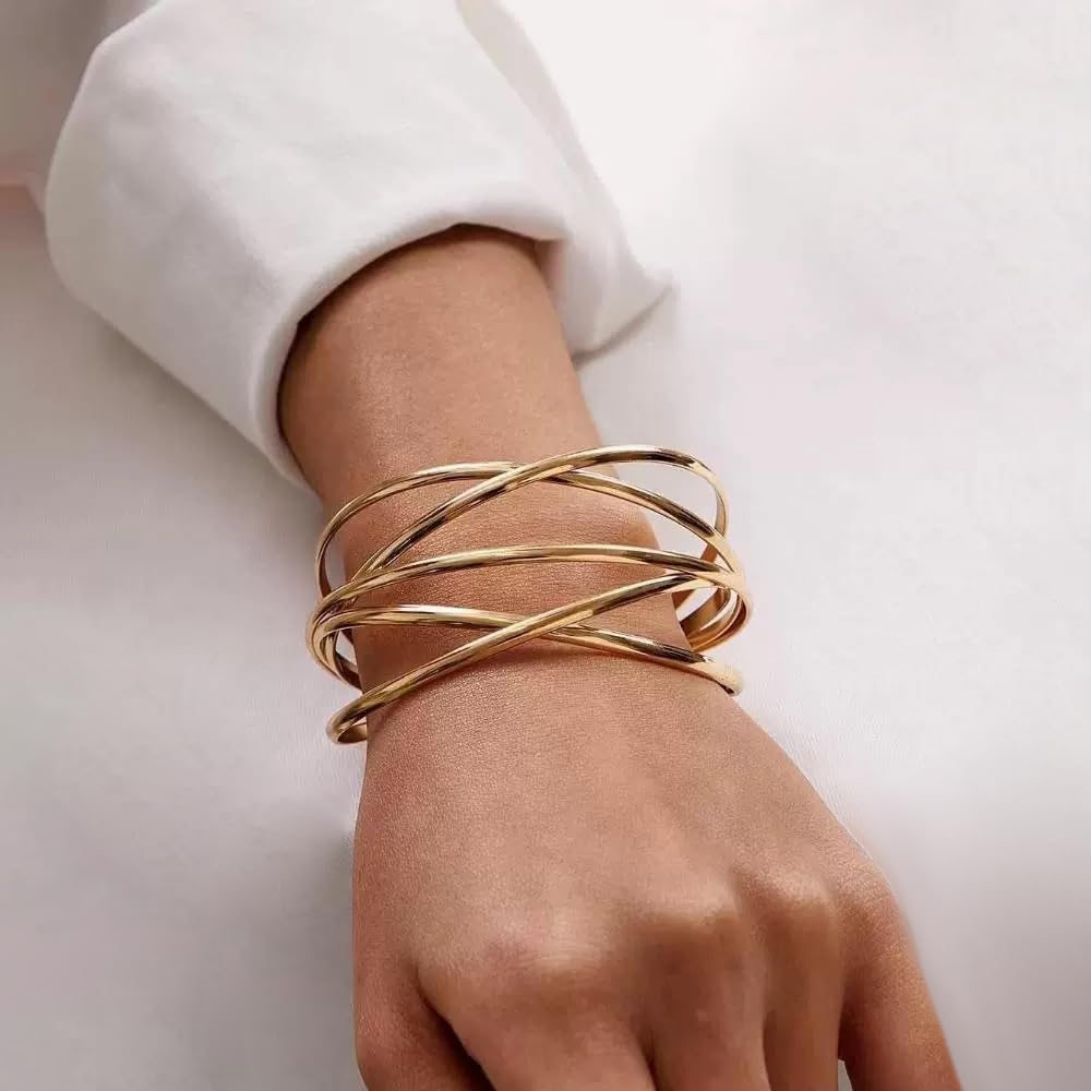 SELFWIMG Gold Bangle Bracelets for Women 18K Gold Plated Chunky Cuff Bracelets Fashion Multi-layer Cross Wire Cuff Bangle Bracelet Open Wrist Trendy Jewelry Gifts