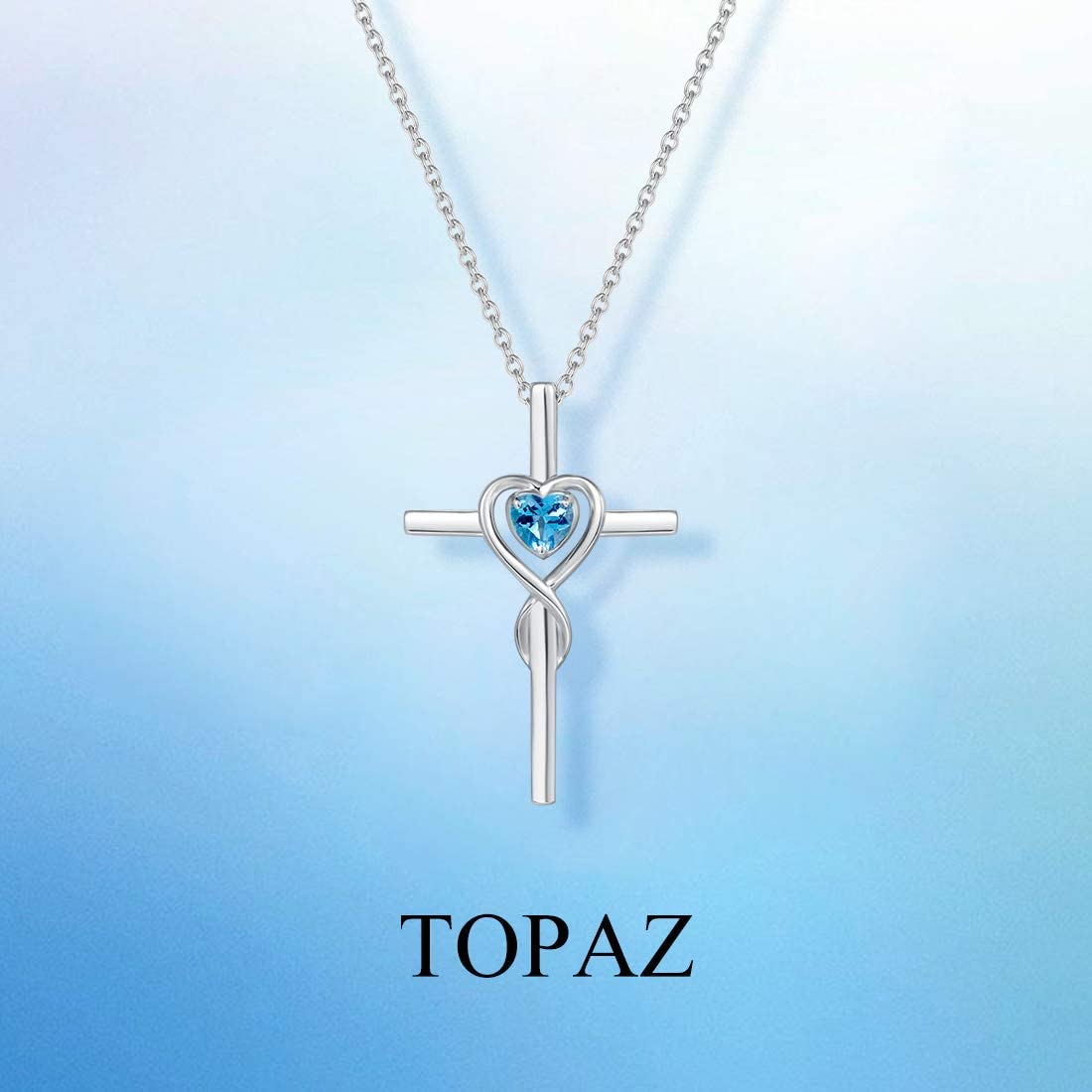 FANCIME Blue Topaz Cross Necklace For Women Sterling Silver Birthstone Necklace Blue Topaz Infinity Heart Cross Pendant December Birthstone Jewelry Gifts Valentines Day Gifts for Women