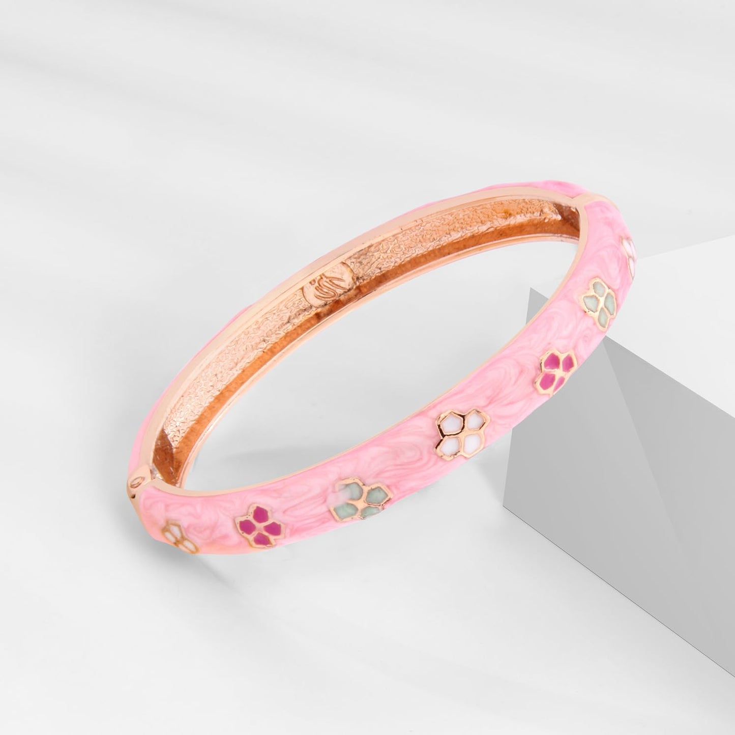 UJOY Fashion Cloisonne Bangle Jewelry Hollowed Rose Handmade Enamel Gifts Cuff Open Bracelet Bangles for Women Gilrs 88C06 Cream Pink
