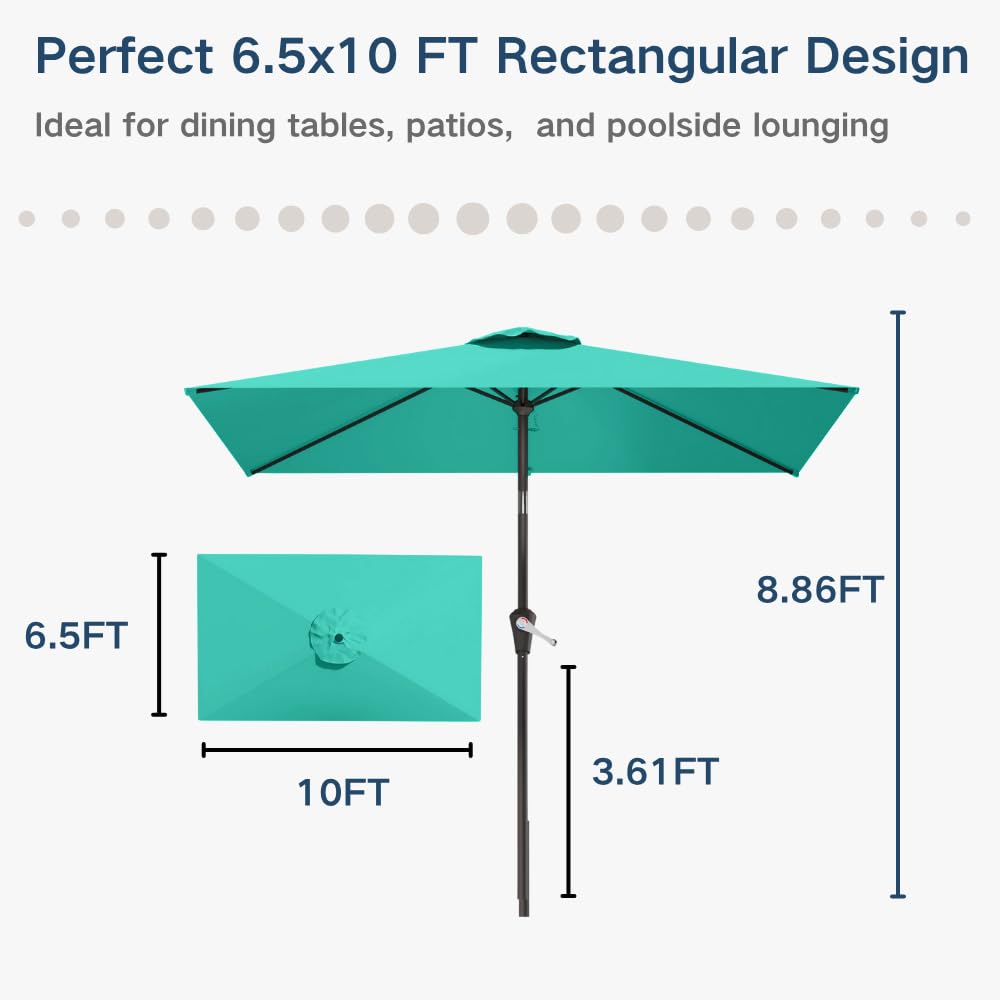 Patio Kingdom 6.5' x 10' Rectangular Patio Umbrella Large Outdoor Market Umbrella w/ UV Protection, Push Button Tilt and Crank Lift, Rectangle Table Umbrella for Garden, Deck, Pool, Patio, Turquoise Blue