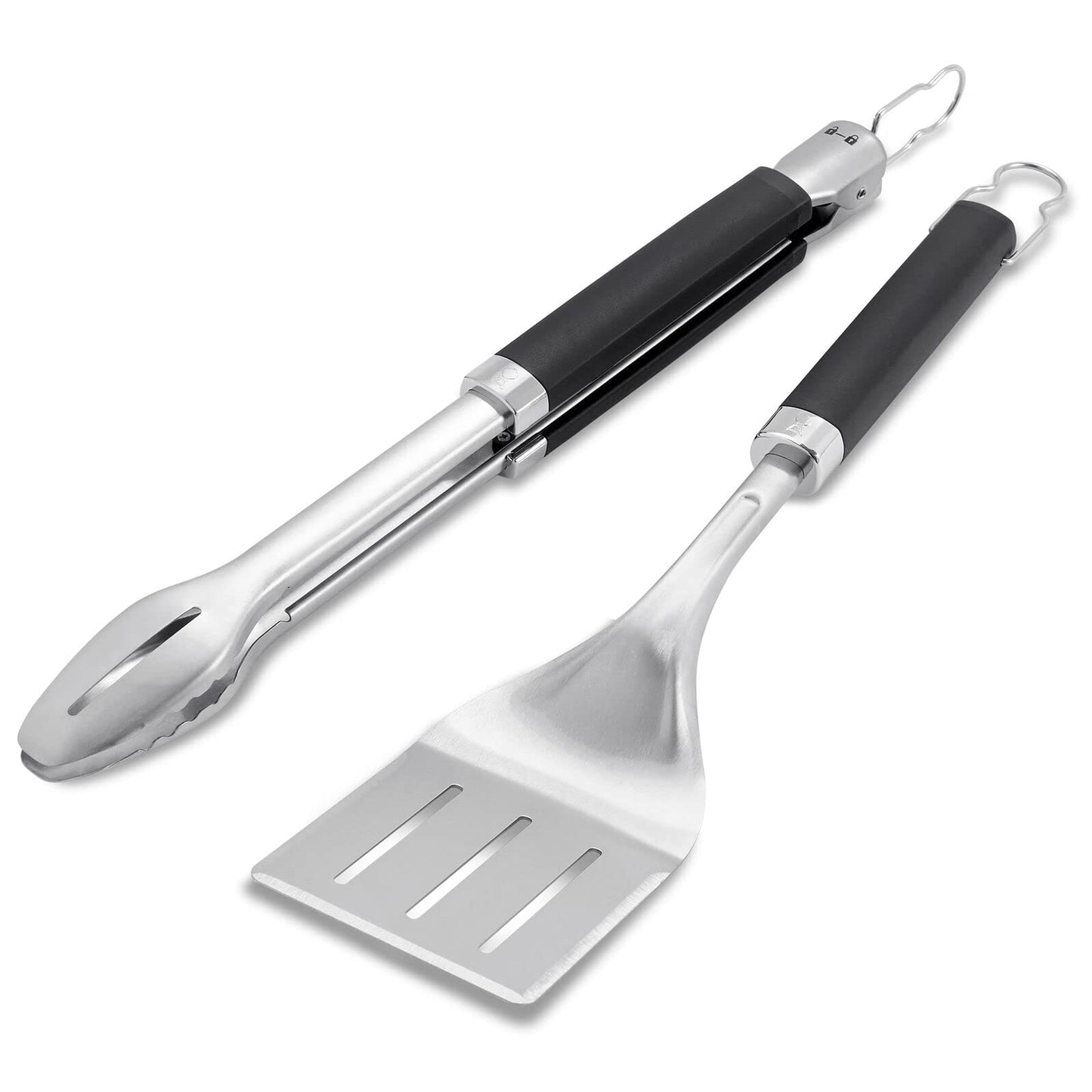 Weber Precision Tongs & Spatula Grilling Tool Set – Stainless Steel BBQ Tools with Hands‑Free Locking Tongs, 3‑Sided Beveled Spatula, Non‑Slip Soft‑Touch Handles