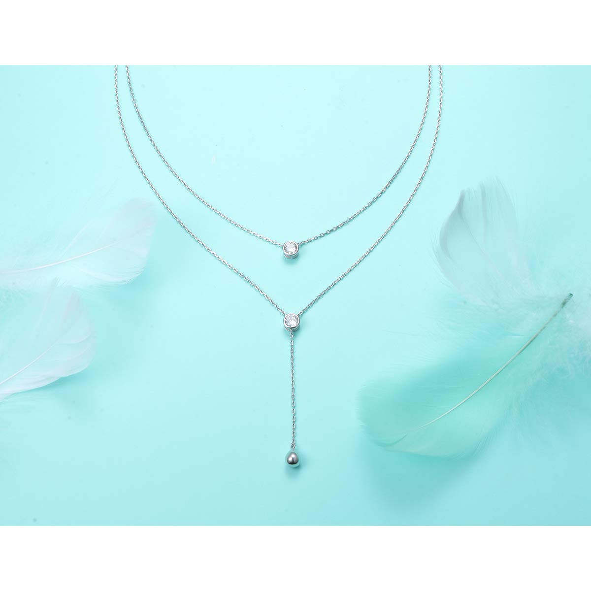 FLYOW Layered Necklace S925 Sterling Silver Teardrop Round CZ Double Choker Y Lariat Long Multilayer Necklace Birthday Present Mother Daughter Jewelry for Women Wife Fiancée