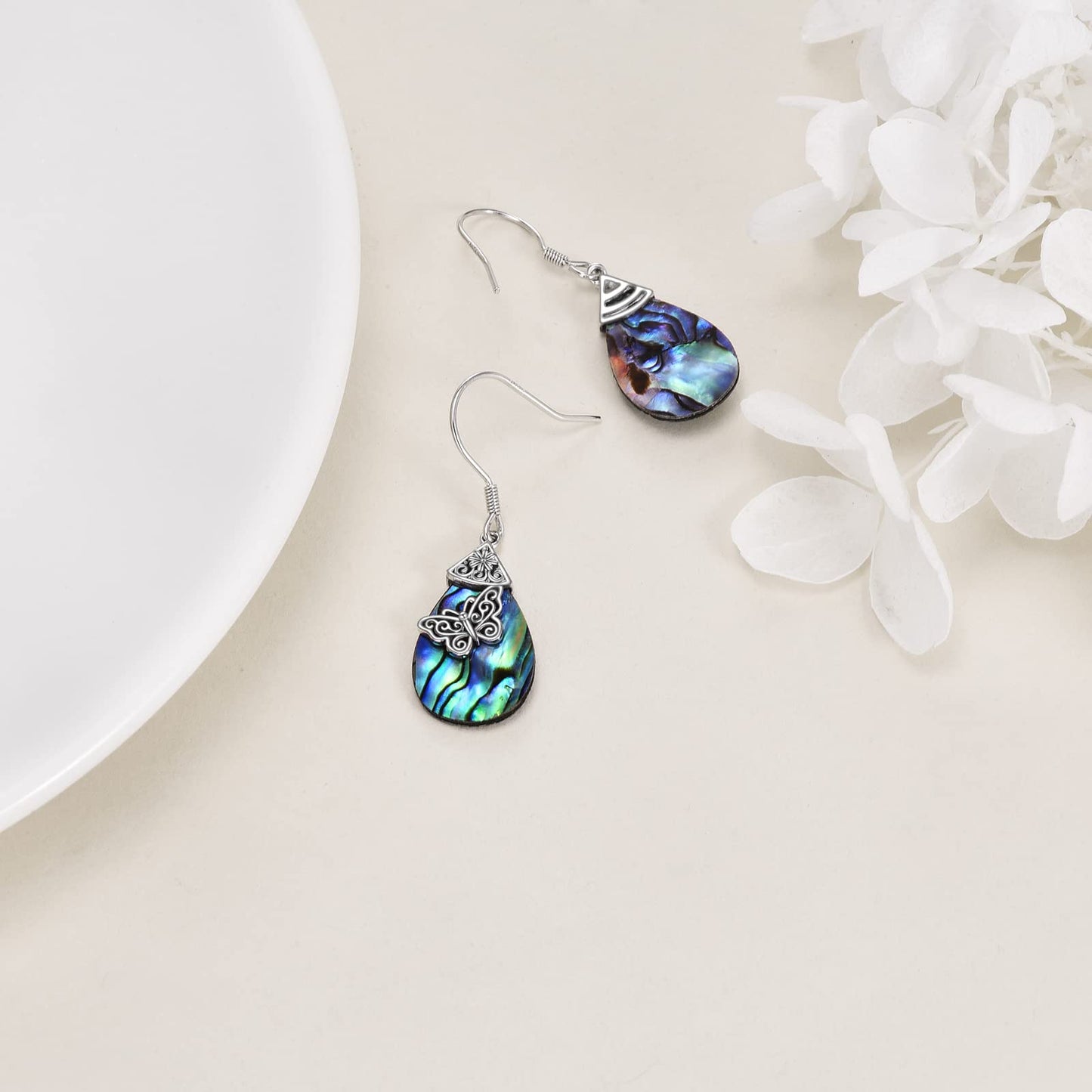 POPLYKE Butterfly Earrings for Women 925 Sterling Silver Leverback Earrings Teardrop Celtic Abalone Earrings Butterfly Jewelry Gifts Birthday