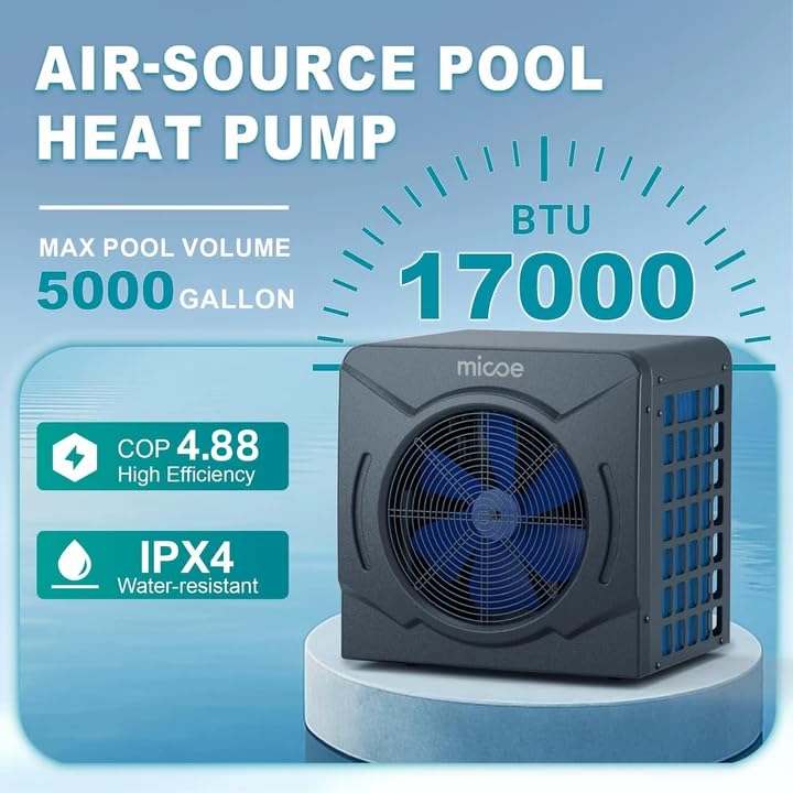 MICOE 17,000 BTU Energy-Efficient Electric Pool Heater for Above Ground Pools up to 5,000 Gallons, Ultra-Quiet 50 dB, 110–120V, Easy Install Kit Included