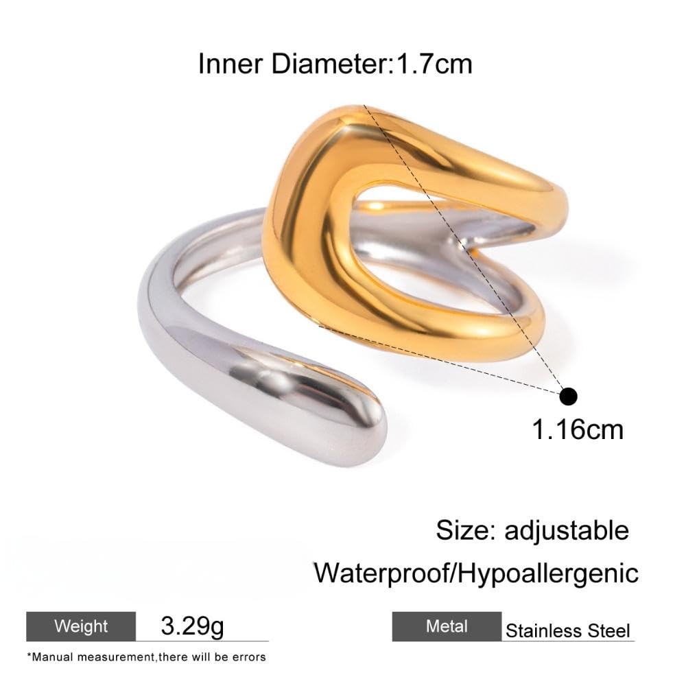 AIETUE Chunky Rings For Women, Gold Silver Thumb Ring Asymmetrical Wavy Curve Ring Adjustable Non Tarnish Dainty Stainless Steel New Year Anniversary Birthday Jewelry Gift (Zesty-Mixed)