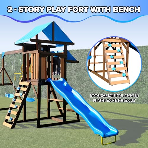 Sportspower Rosemont Wooden Swing Set with 8' Slide, 2 Adjustable Swings, Trapeze, Play Fort with Rock Climber, Sandbox, Picnic Table, Chalk Tarp & Anchor Kit, Outdoor Playset for Kids Ages 3–8