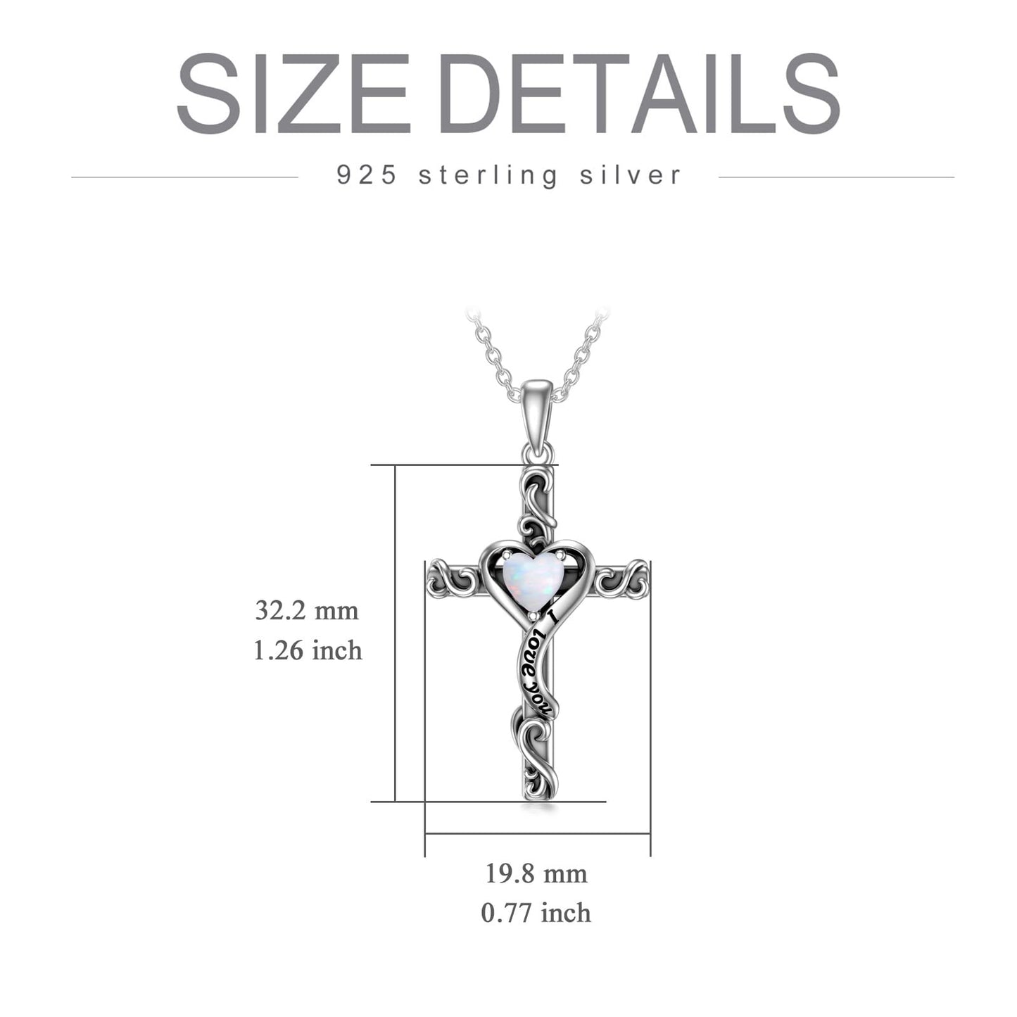 TOUPOP 925 Sterling Silver Cross Pendant Necklace with October Birthstone Opal Necklace Religious Jewelry Gifts for Women Teen Girls Mom, I Love You Gifts for Her, Sterling Silver, No Gemstone