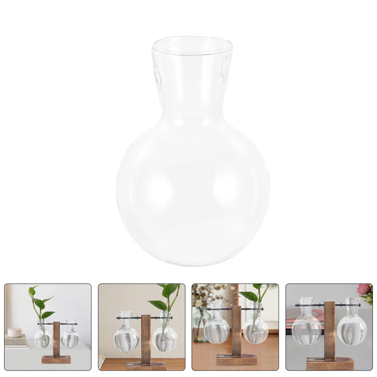 JEWEDECO Glass Flower Vase with Wooden Stand 3pcs High Borosilicate Glass Propagation Station Desktop Planter for Hydroponic Plants and Terrarium Home Décor
