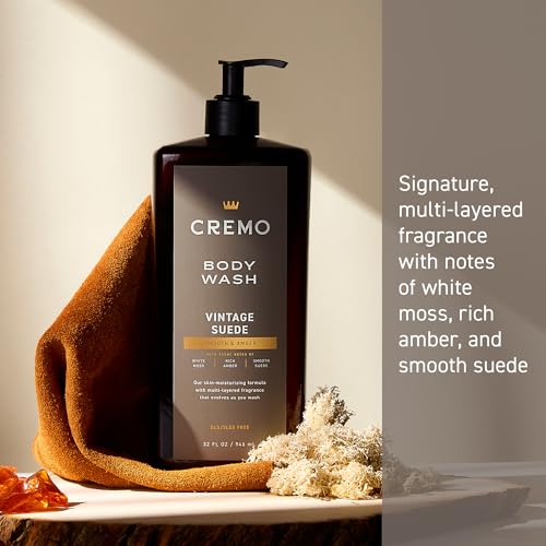 Cremo Rich-Lathering Vintage Suede Body Wash for Men, A Vintage Suede with Notes of White Moss and Rich Amber, 32 Fl Oz