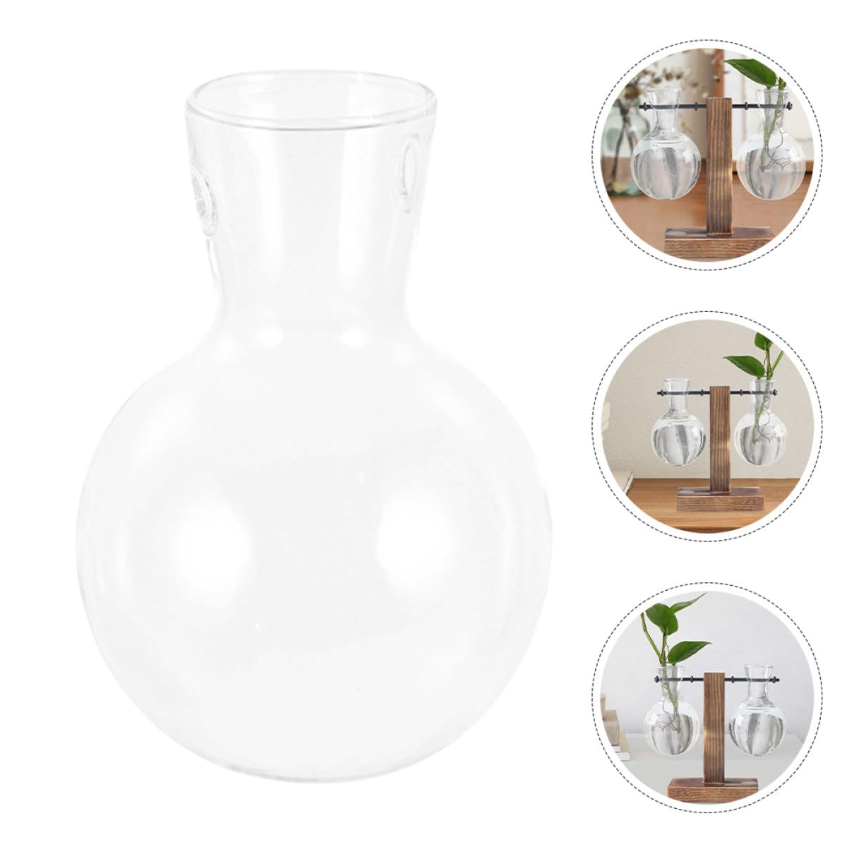 VALICLUD 3Pcs High Borosilicate Glass Flower Vases with Holes and Wooden Stand, Hydroponic Plant Propagation Jars for Indoor Terrarium and Floral Arrangement