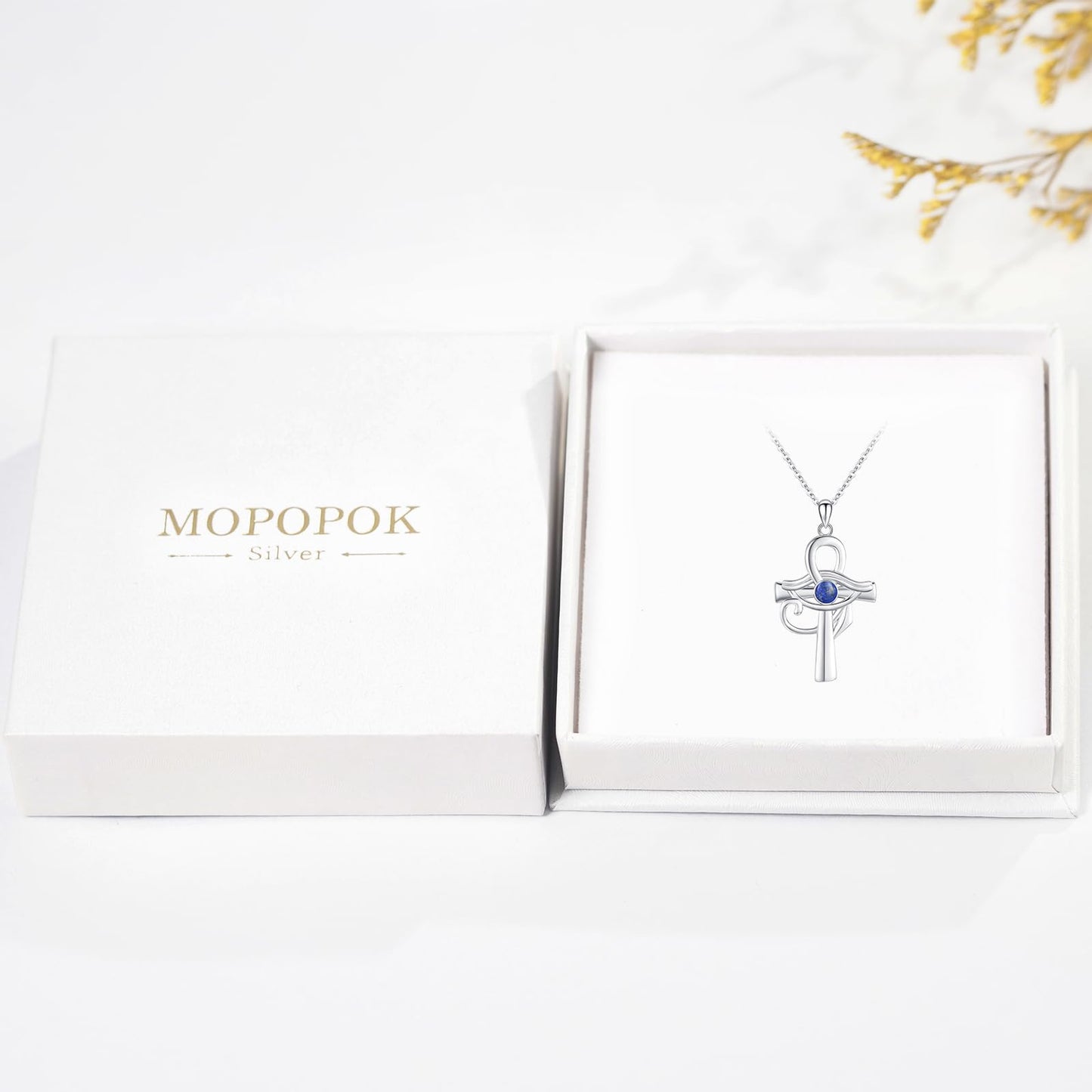 MOPOPOK Eye of Horus Necklace S925 Sterling Silver Ankh Cross Necklace with Lapis Lazuli Egyptian Eye of Horus Protection Cross Jewelry Gifts for Women Birthday Christmas
