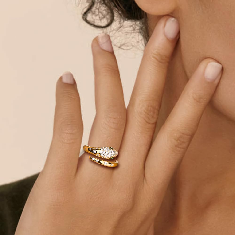 RANDES 14K Gold Plated Fashion Snake Statement Adjustable Ring Sterling Silver Cocktail Punk Jewelry Emerald Cz Snake Rings for Women Size 6