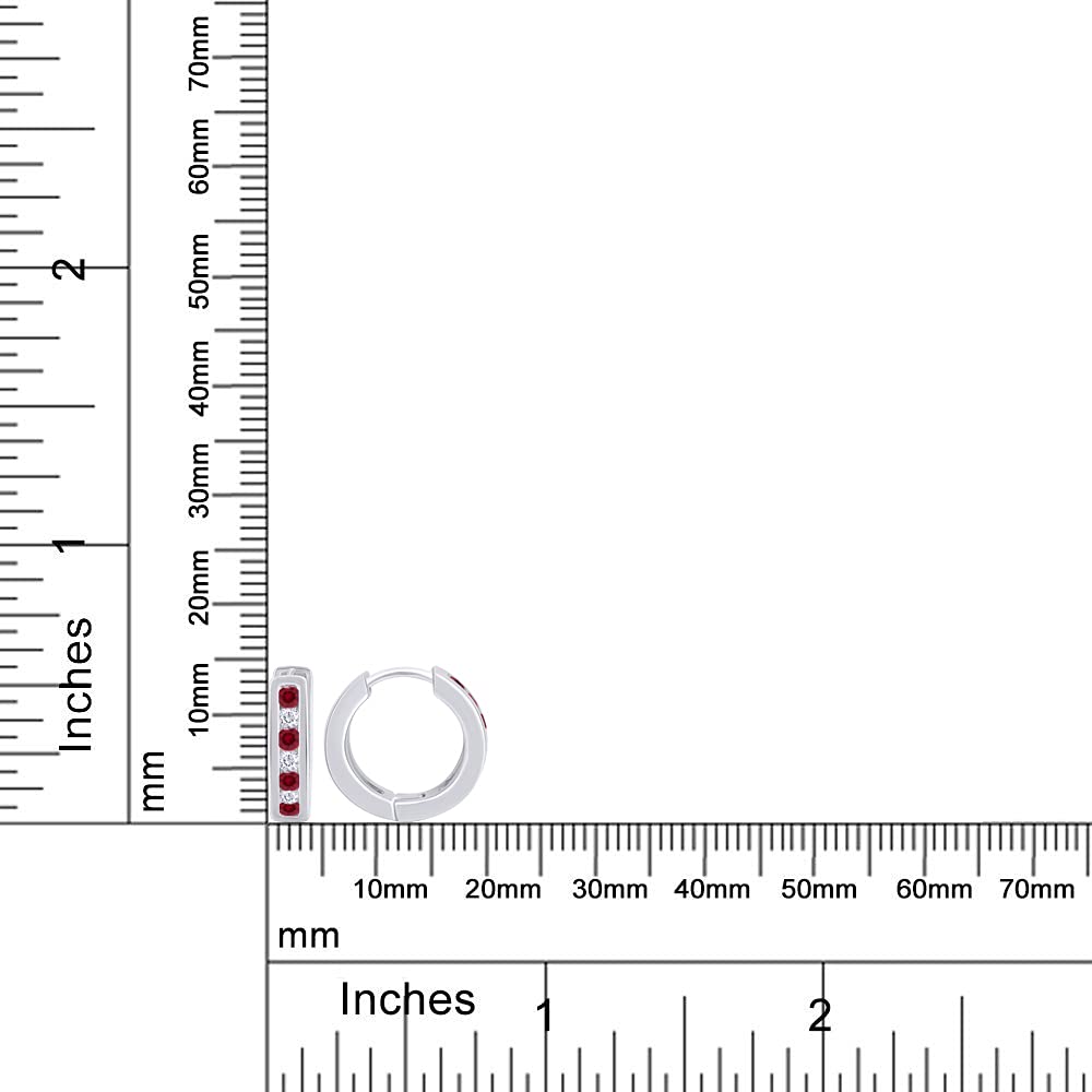 Huggie Earrings for Women, 14K White Gold Over Sterling Silver Hoop Earrings with Simulated Ruby and White Cubic Zirconia, Dainty Elegant Jewelry Gift