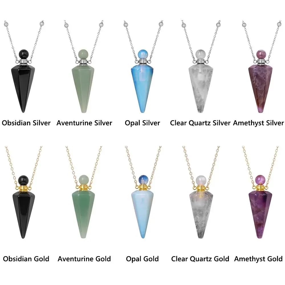925 Sterling Silver Essential Oil Necklace For Women And Men, Natural Crystal Stone Cone Shape Pendant Necklace Healing Perfume Bottle Necklace Essential Oil Pendant Necklace (5 - Essential Oil Necklace)