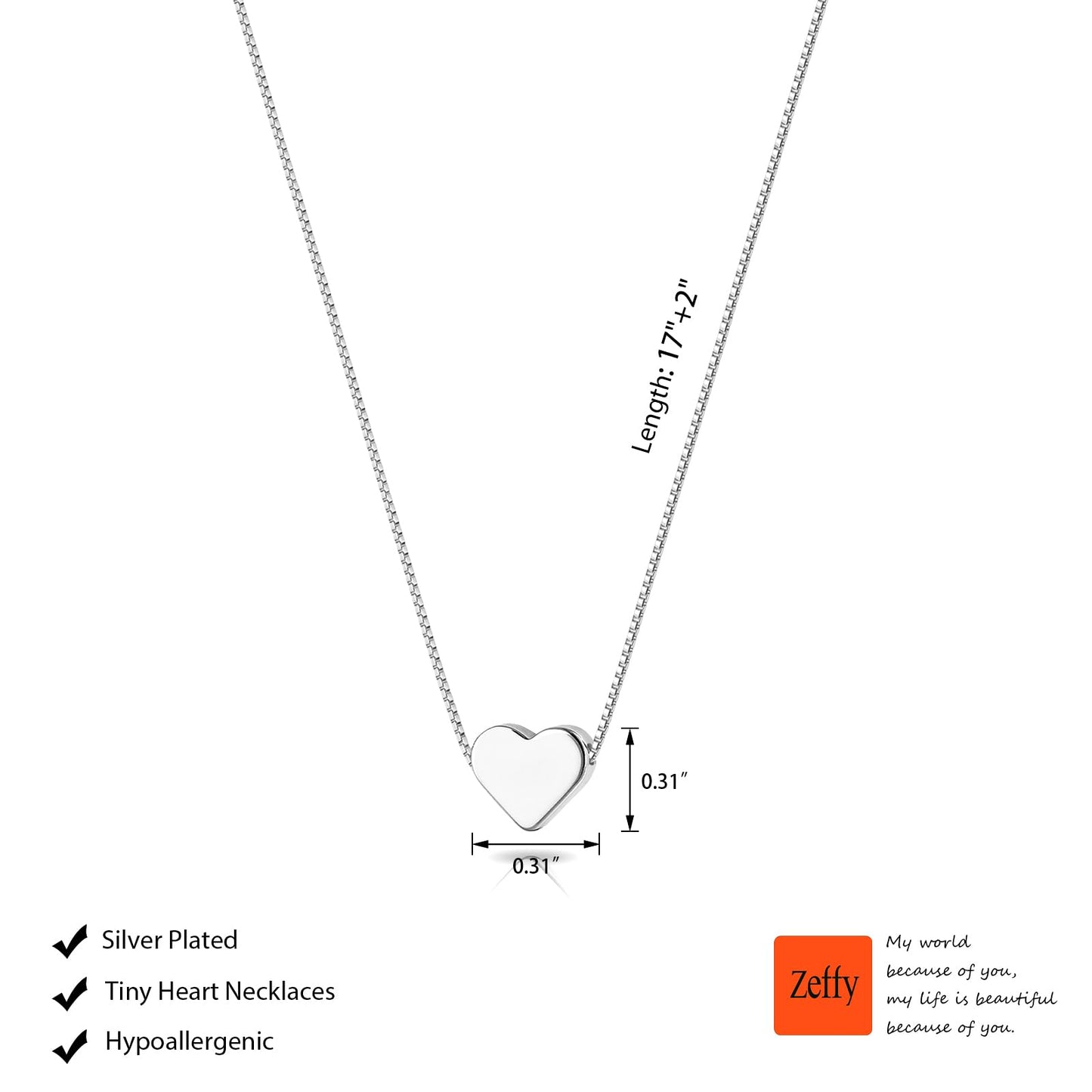 Zeffy Silver Necklace - Silver Heart Necklace for Women Tiny Cute Heart Choker Simple Dainty Silver Jewelry for Women Trendy Gifts