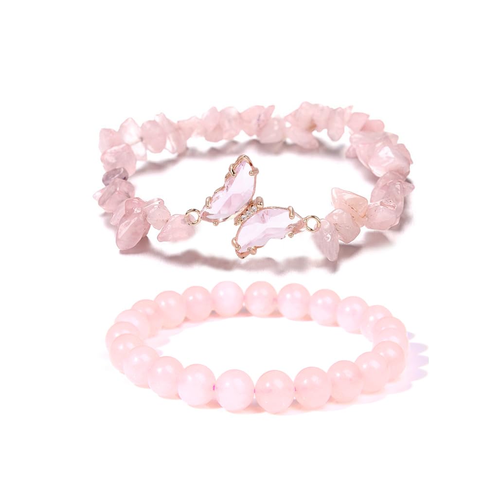 COLORFUL BLING 2Pcs Natural Irregular Chip Stones Butterfly Bracelet Set Gemstone Healing Chakra Crystal Bracelet Reiki Yoga Bead Stretch Bracelet Jewelry Mediation Gifts-pink
