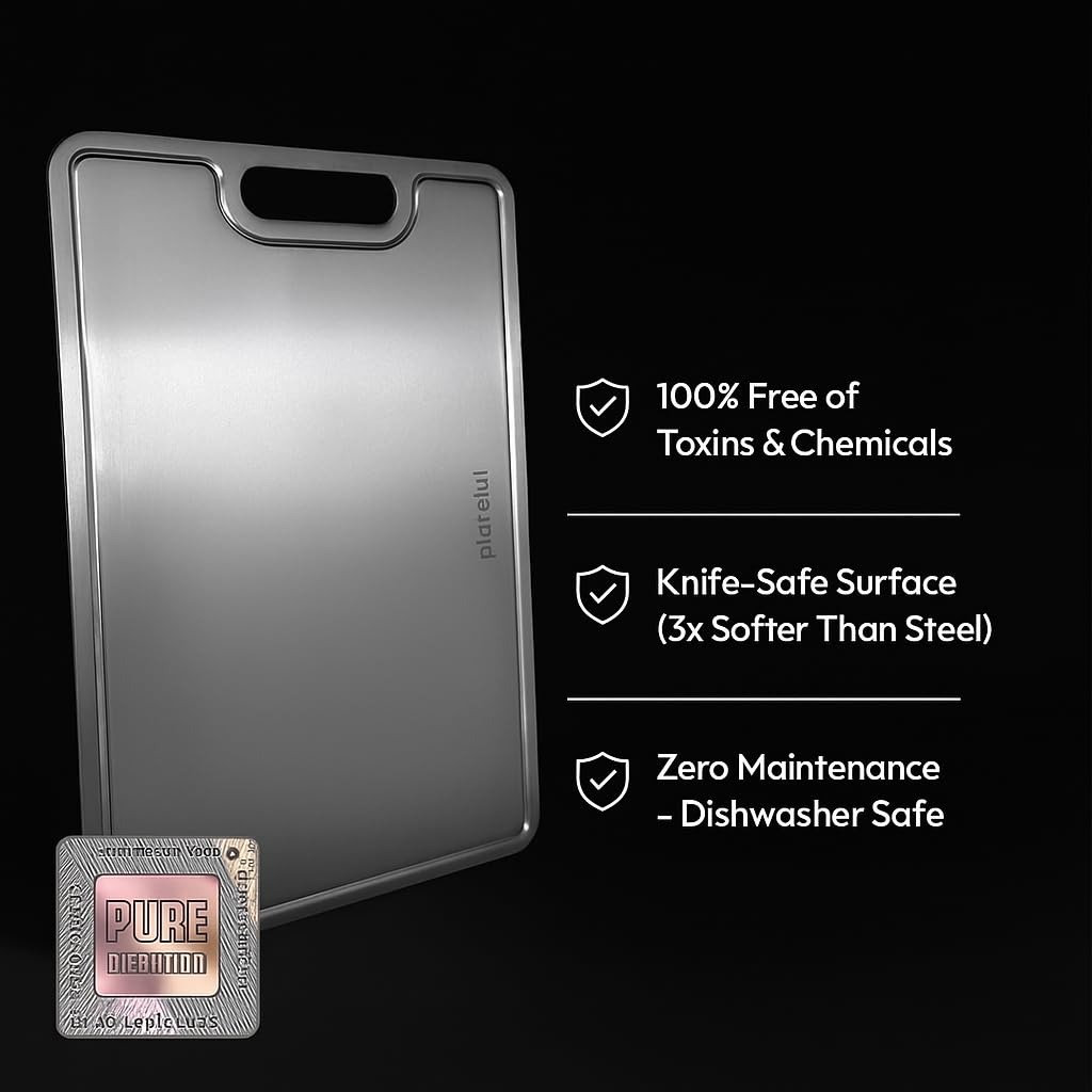 Plateful Titanium Cutting Board - Real, Titanium Cutting Boards for Kitchen With Juice Groove, Food Grade Chopping Boards, No Microplastics, Lasts a Lifetime (Large)