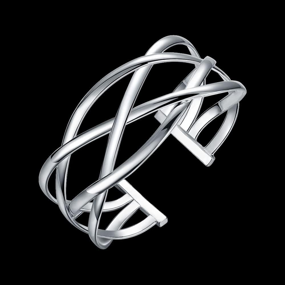 925 Sterling Silver Bracelet Plated Cuff Bangle Bracelet Fashionable Multi-layer Cross Wire Bangle Bracelet Open Adjustable Wide Cuff Bracelet for Teen Girls Fashion Jewelry (silver B)