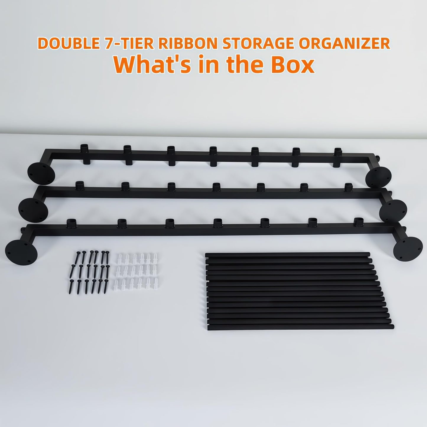 Xbsyhx 7-Tier Double Row Metal Ribbon Organizer Wall Mount, 14 Removable Rods Large Capacity Storage Holder Rack, Heavy Duty Craft Room Organization for Flower Shop DIY Yarn Gift - Black