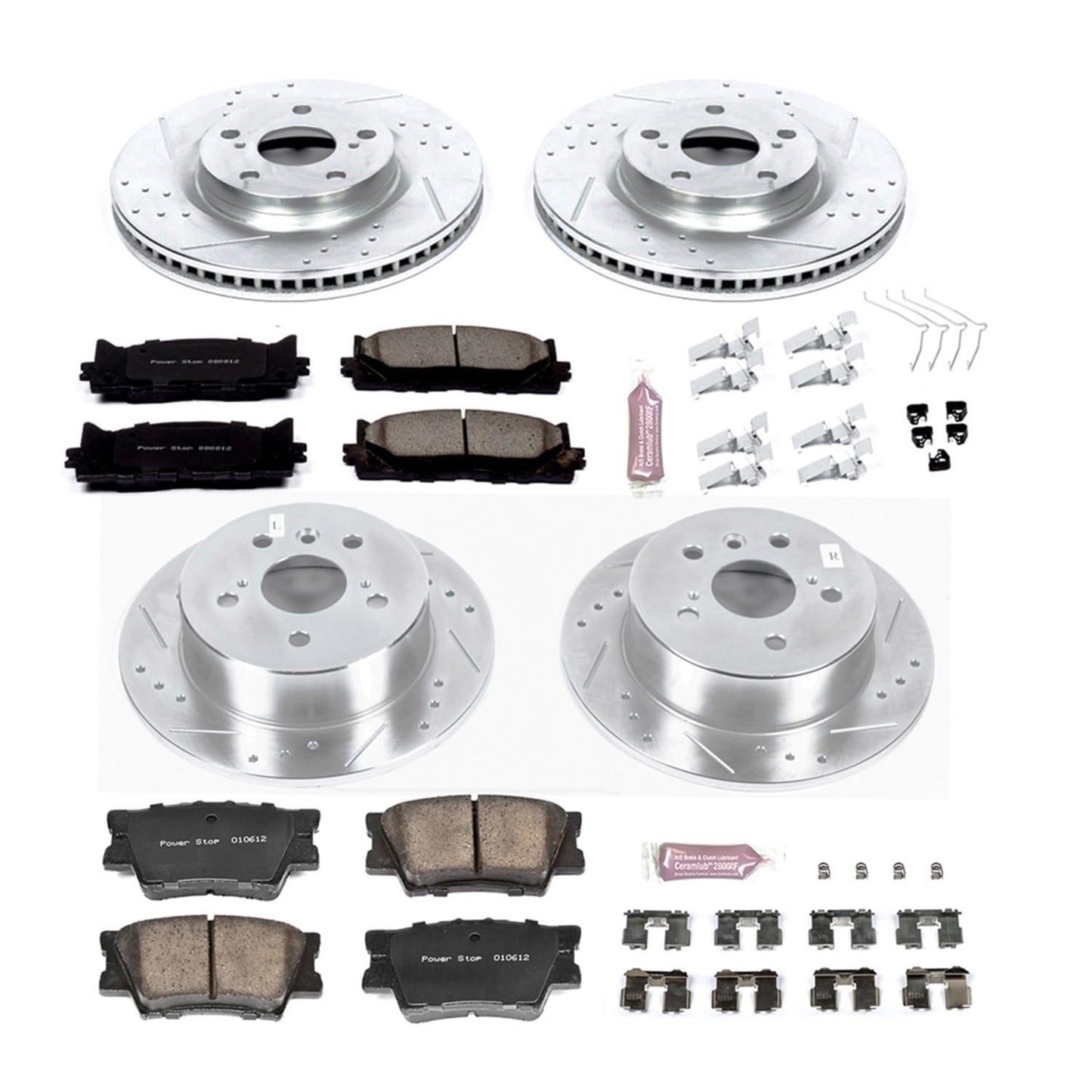 PowerStop Front and Rear Brake Kit For Lexus ES300h 2013-18 |ES350 2013-18 |Toyota Avalon 2013-18 |Camry 2012-17 - Drilled and Slotted Disc Rotors with Ceramic Brake Pads Replacement, K6480
