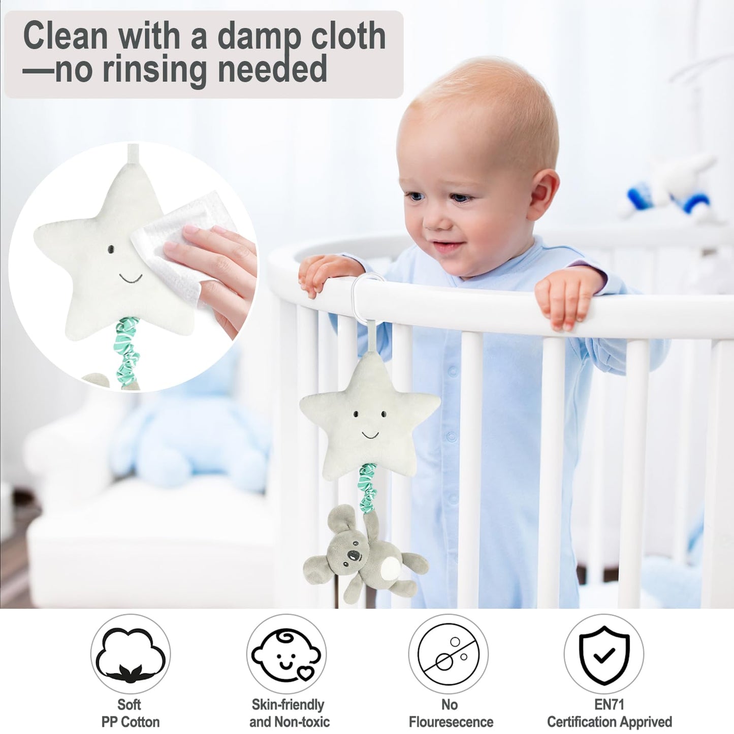 Blublu Park Baby Hanging Musical Toy With Music Box, Lullaby Pull Sensory for Babies Boys and Girls, Clip On Infant Pram Pushchair Cribs Strollers Car Seats, Star