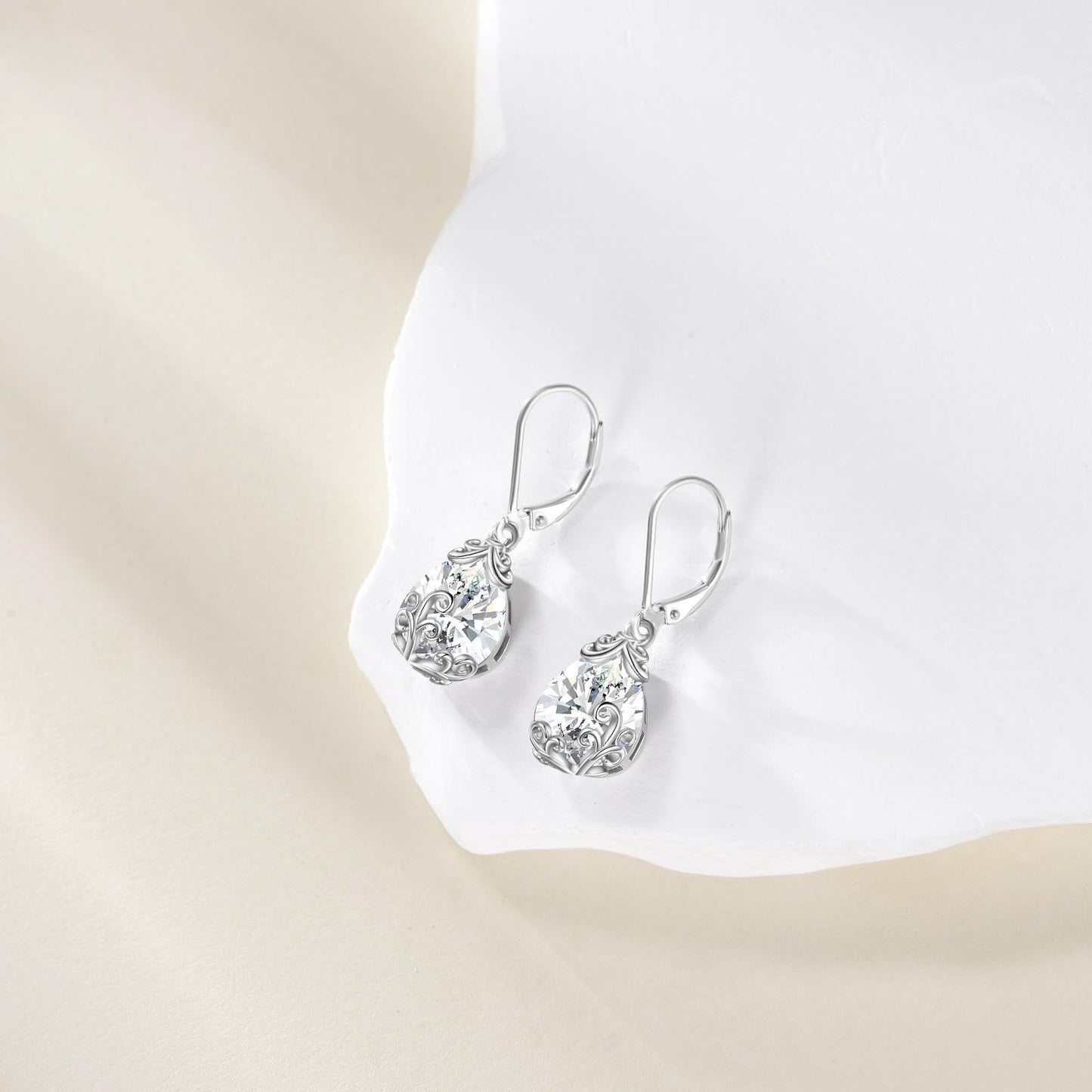 POPLYKE BirthStone Filigree Teardrop Drop Earrings Sterling Silver Diamond Leverback Earrings April Birthstone Dangle Jewelry Gifts for Women