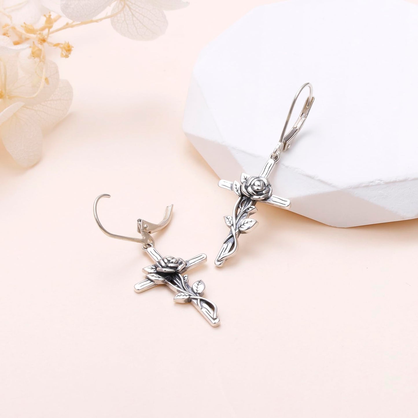 SHAOAN Rose Flower Cross Dangle Earrings for Women 925 Sterling Silver Earring Jewelry Gifts for Christmas Valentine's Day Birthday