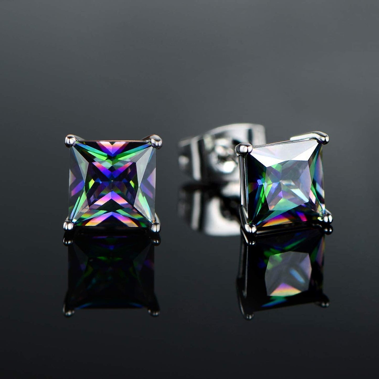 Mens Earrings 18K White Gold Plated Rainbow Quartz CZ 6mm Square Ear Pierced Gemstone Vintage Sparkle Studs Earings for Women Hypoallergenic Jewelry Birthday Valentines Gifts