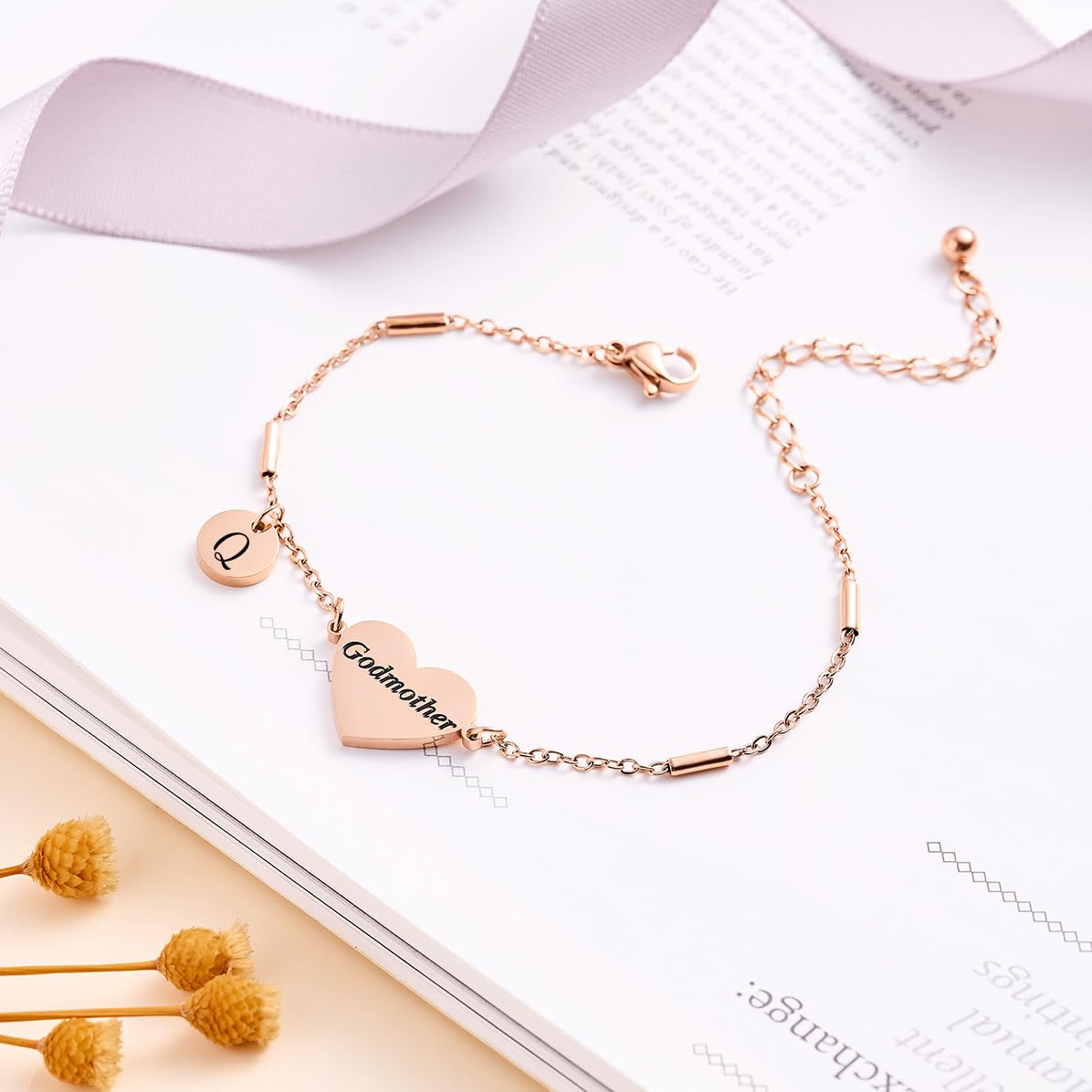 CHENVA Godmother Gifts Initial Bracelet Bangle for Women Gift for Godmother from Goddaughter (Godmother Bracelet-Q-Rose Gold)