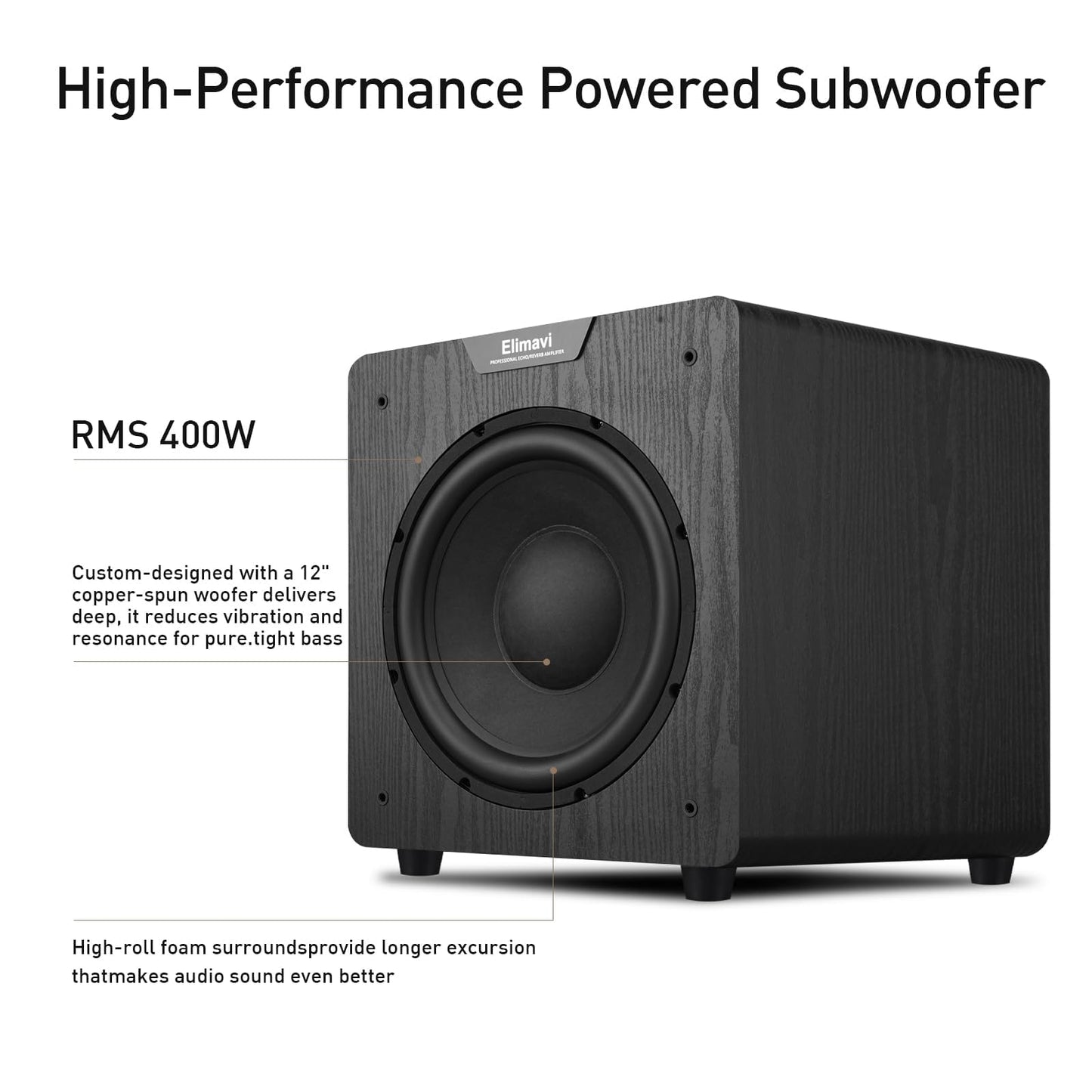 Elimavi Front Firing Powered Subwoofer - 400W Deep Bass Home Theater Sub for Large Rooms - 12" Copper Driver, MDF Enclosure w/Aluminum Radiator - Connect Extra Sub via Subwoofer Out