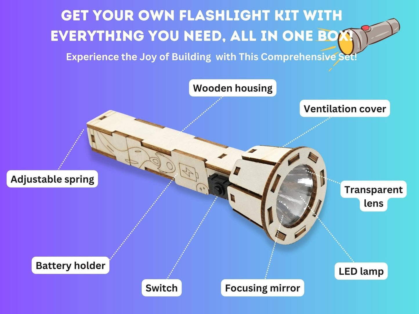 Pica Toys DIY Wooden Flashlight STEM Kit for Kids Aged 6-10 | Battery-Operated Educational Science Experiment Kit with Built-in Switch