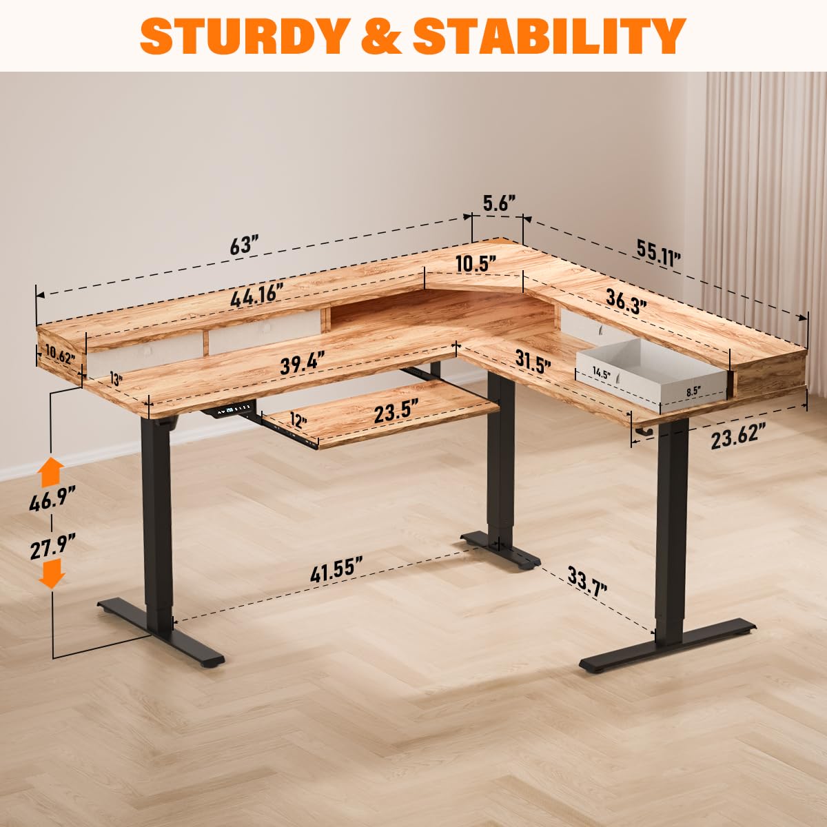 Kingant L-Shaped Standing Desk with Drawers, 63 x 55 Inch Large Adjustable Corner Desk with Charging Station & Keyboard Tray, Electric Sit Stand Up Computer Desk for Home Office(Light Rustic Brown)